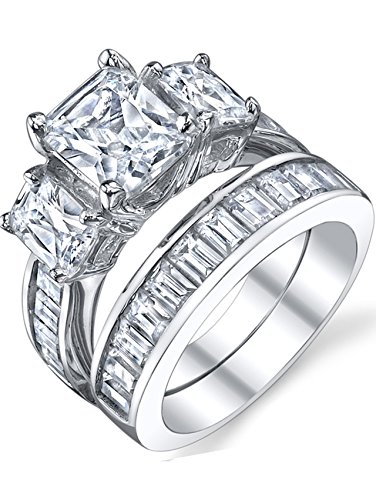 2 Carat .925 Sterling Silver Radiant Cut Cubic Zirconia CZ Women's Engagement Ring Set Sizes 4 to 11