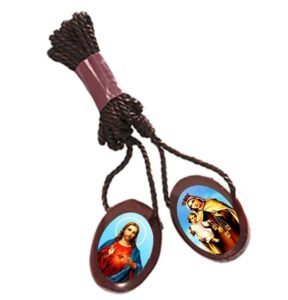 pack of 6 pcs.- scapulars catholic necklace with brown cord & cherry wooden i sacred heart of jesus & our lady of mount carmel medals i escapularios catolicos i catholic religious necklace