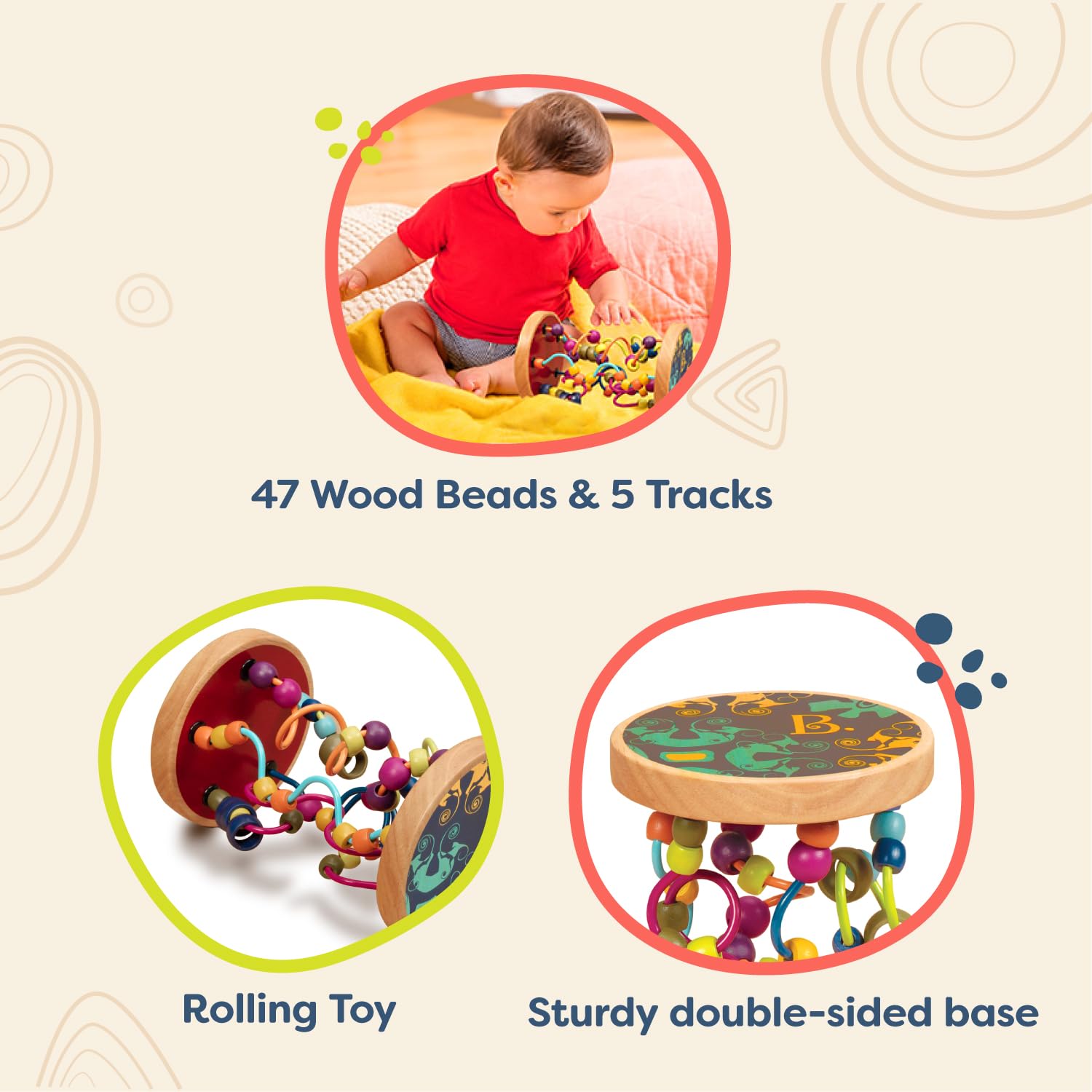 B. toys – Loopty Lo Wooden Rolling Toy - Developmental Bead Maze – Wooden Wire Maze – Crawling Rolling Toy- 47 Beads & 5 Mazes – Classic Toy for Babies, Toddlers, Kids – Quality Wood – 18 Months +