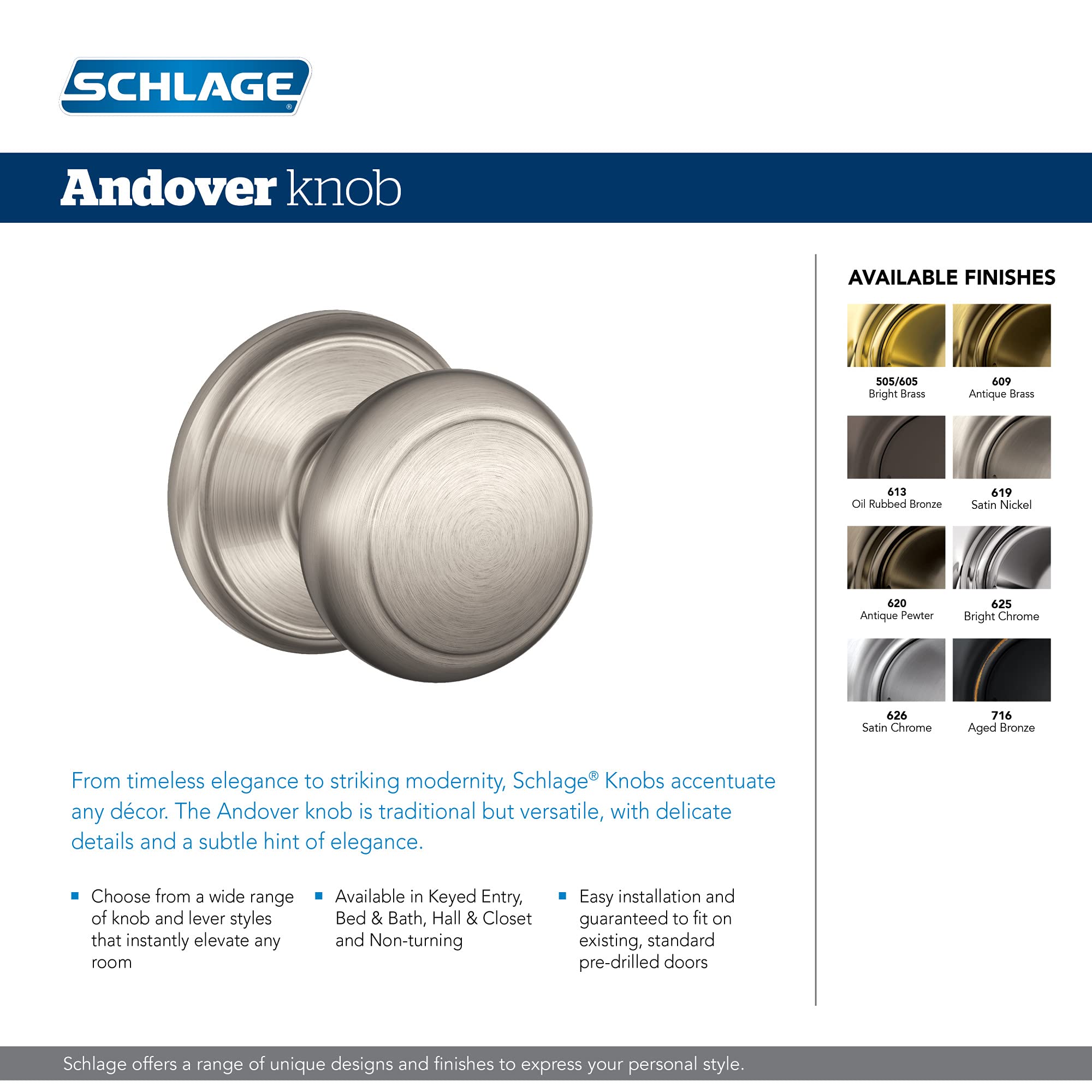 Schlage F40 AND 716 ADD Andover Door Knob with Addison Trim, Bed & Bath Privacy Lock, Aged Bronze