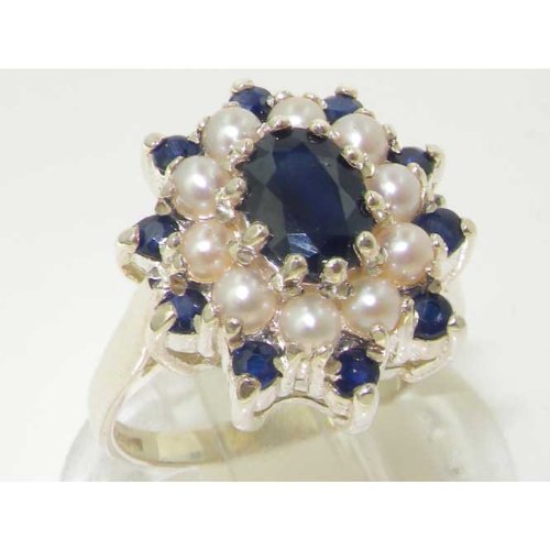 LetsBuyGold 925 Sterling Silver Real Genuine Sapphire and Cultured Pearl Womens Band Ring - Size 7