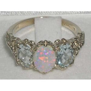 LetsBuyGold 925 Sterling Silver Real Genuine Opal and Aquamarine Womens Anniversary Ring - Size 8