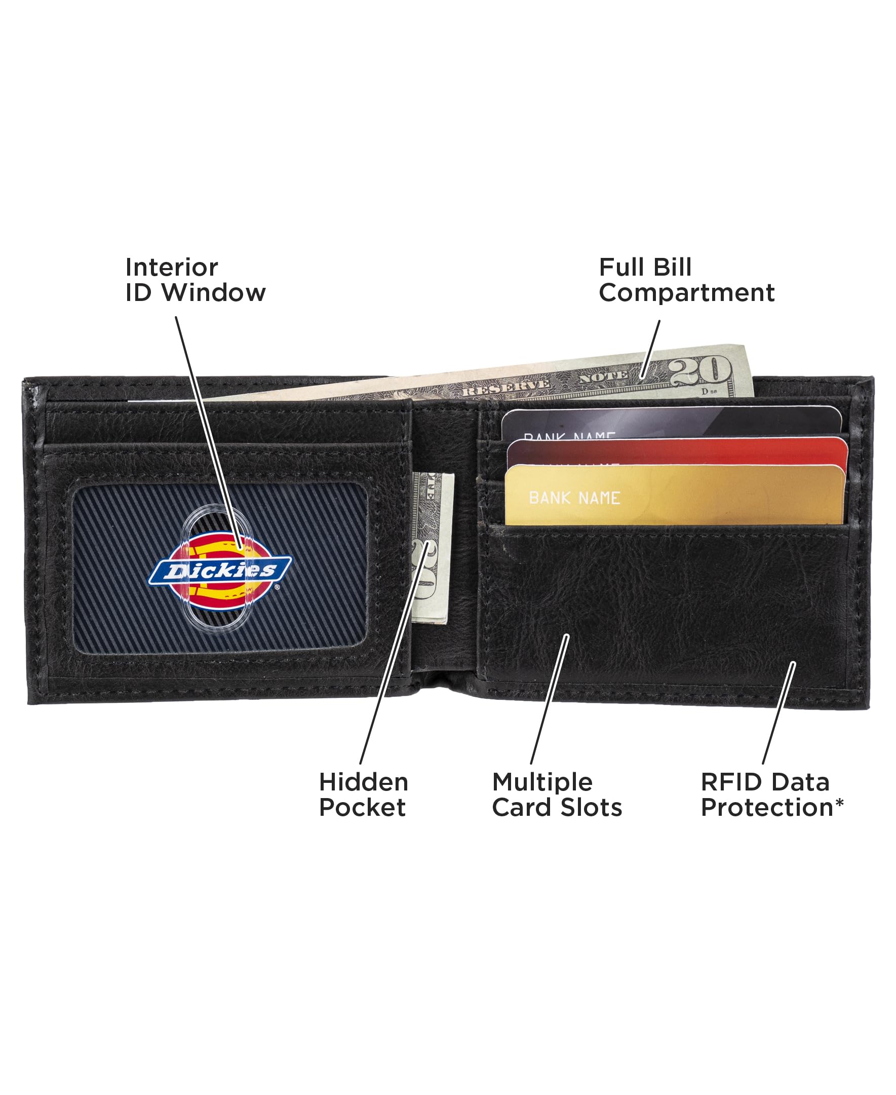 Dickies Men's Bifold Wallet-High Security with ID Window and Credit Card Pockets, Classic Black, One Size