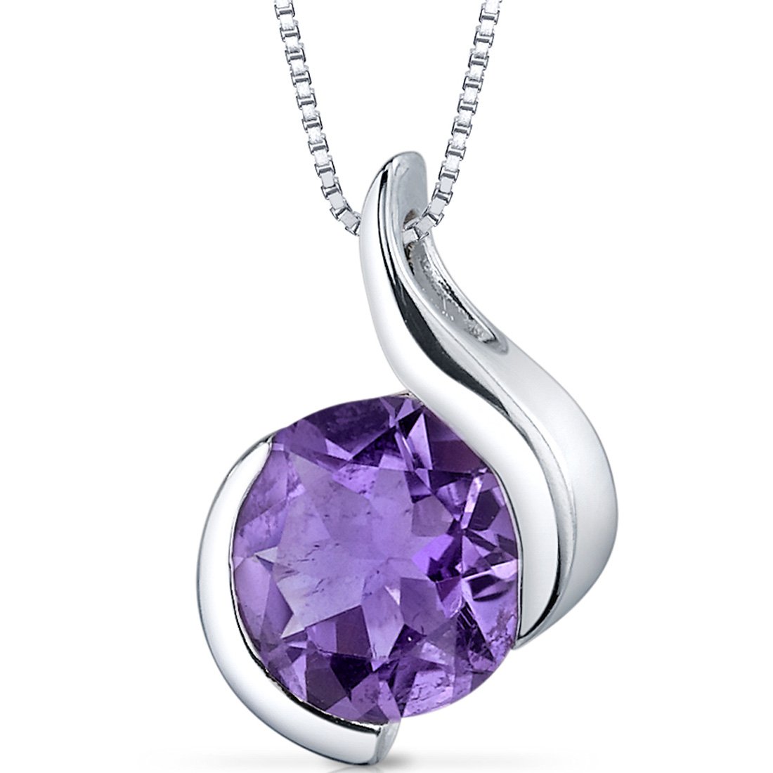 Peora Amethyst Open Bezel Wave Pendant Necklace for Women 925 Sterling Silver, Natural Gemstone Birthstone, 1.75 Carats Round 8mm, with 18 inch Chain