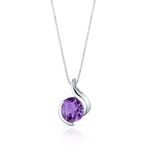 Peora Amethyst Open Bezel Wave Pendant Necklace for Women 925 Sterling Silver, Natural Gemstone Birthstone, 1.75 Carats Round 8mm, with 18 inch Chain