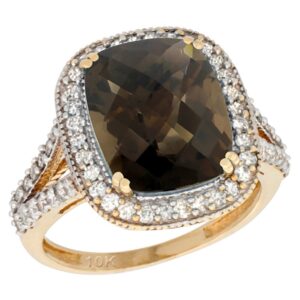 14K Yellow Gold Natural Smoky Topaz Ring Cushion-cut 12x10mm Diamond Halo, size 7