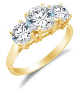 size 6.5 - solid 14k yellow gold 3 three stone round brilliant cut solitaire with round side stones cz cubic zirconia engagement ring 2.0ct.