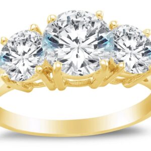 Size 6.5 - Solid 14k Yellow Gold 3 Three Stone Round Brilliant Cut Solitaire with Round Side Stones CZ Cubic Zirconia Engagement Ring 2.0ct.