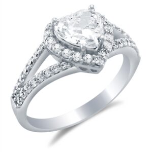 size 9 - solid 14k white gold heart shape solitaire with round side stones cz cubic zirconia engagement ring 2.0ct.