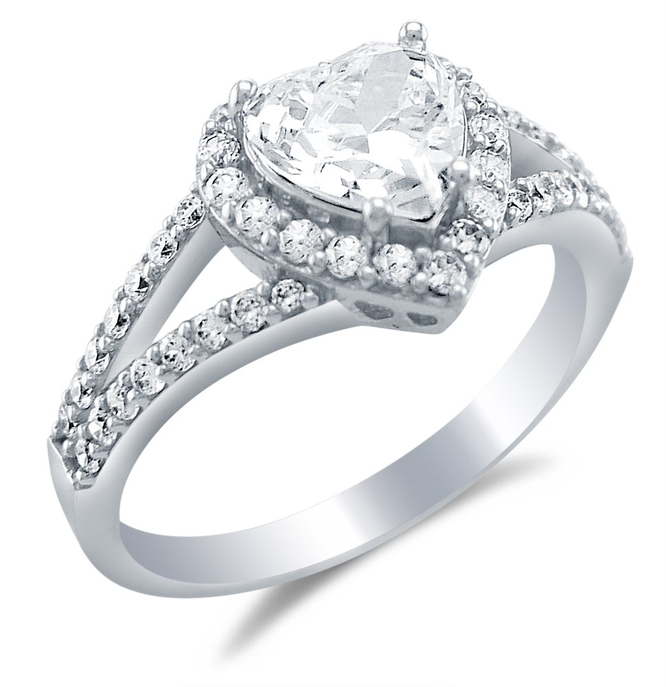 Size 9 - Solid 14k White Gold Heart Shape Solitaire with Round Side Stones CZ Cubic Zirconia Engagement Ring 2.0ct.