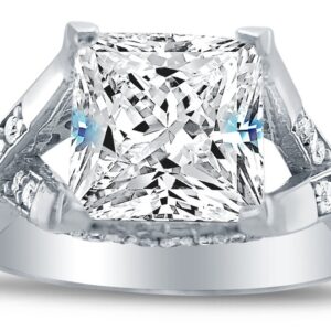 Size 7.5 - Solid 14k White Gold Princess Cut Solitaire with Round Side Stones CZ Cubic Zirconia Engagement Ring 2.5ct.