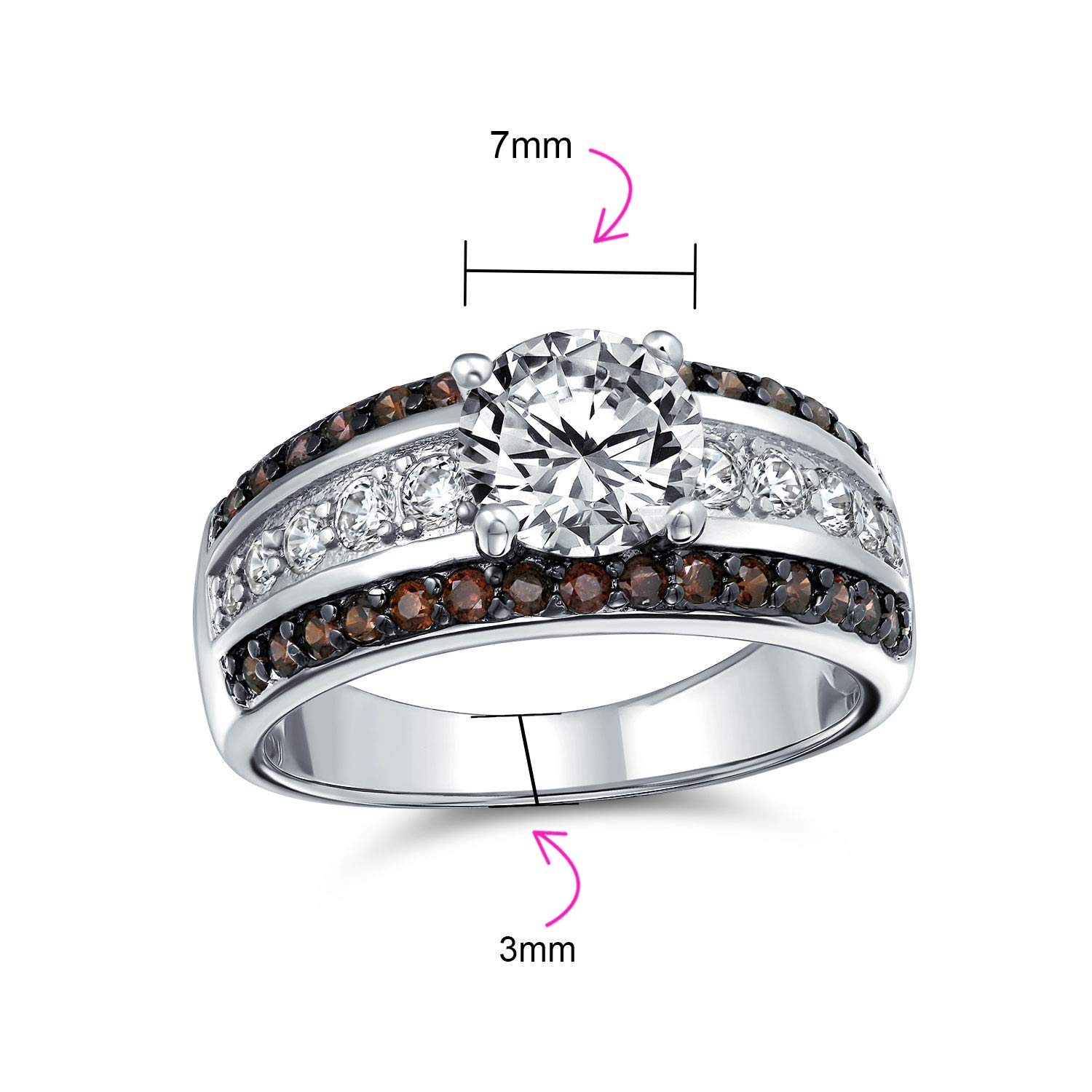 Bling Jewelry Personalize 3CT AAA CZ Two Tone Chocolate Brown Color Clear Round Brilliant Cut Solitaire Engagement Ring For Women 3 Row Wide Pave Band Silver Plated Customizable