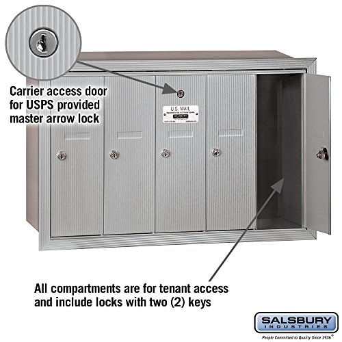 Salsbury Industries 3505ARU Recessed Mounted Vertical Mailbox with 5 Doors and USPS Access, Aluminum