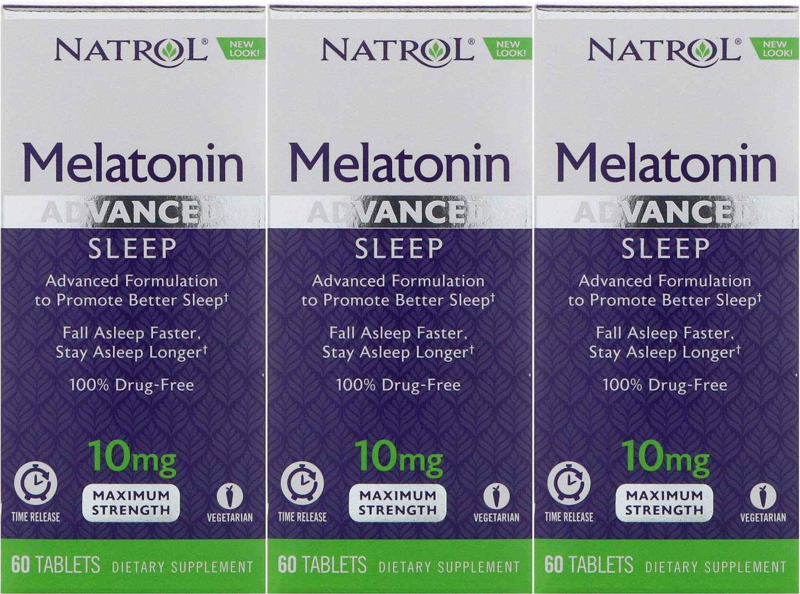 Natrol Advanced Sleep Melatonin Tablets, Maximum Strength 10 mg 60 ea (Pack of 3)