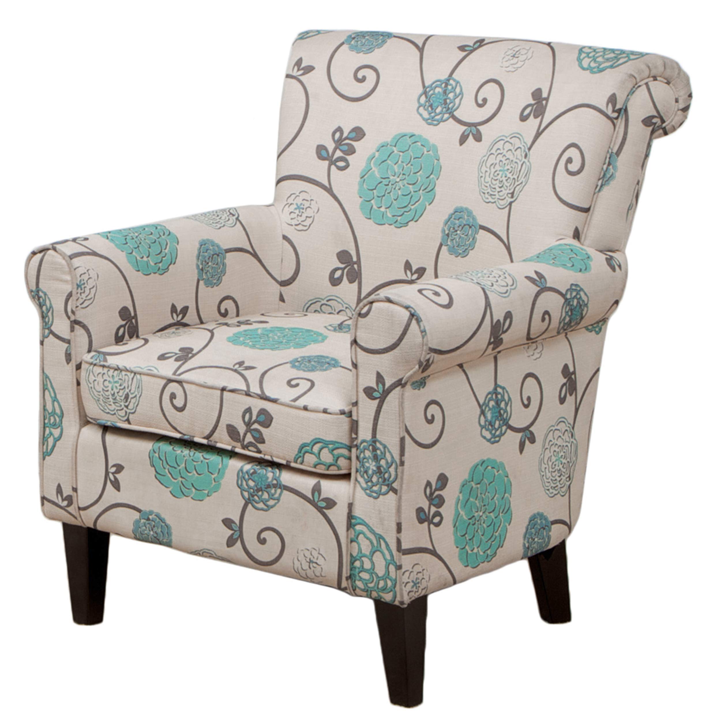 Christopher Knight Home Roseville Blue Floral Accent Lounge Chair, Decorative Club Chair, Wood, in Blue Flower and Vines Pattern