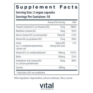 Vital Nutrients - Tyrosine and B-Vitamins - Complex Thyroid and Nerve Support Formula - Adrenal Support - 100 Vegetarian Capsules per Bottle