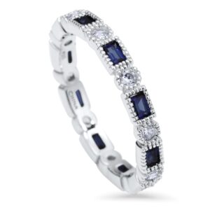 berricle sterling silver art deco wedding rings simulated blue sapphire milgrain bezel set cubic zirconia cz anniversary eternity ring for women, rhodium plated size 5