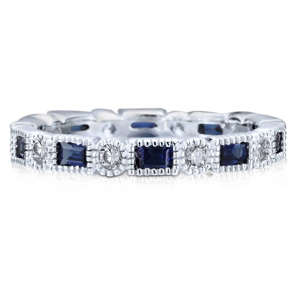 BERRICLE Sterling Silver Art Deco Wedding Rings Simulated Blue Sapphire Milgrain Bezel Set Cubic Zirconia CZ Anniversary Eternity Ring for Women, Rhodium Plated Size 5