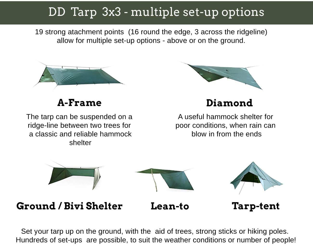 DD Hammocks - DD Tarp 3x3 - Olive Green (10ft x 10ft) - 100% Waterproof Lightweight & Multifunctional Rainfly Tarp Tent Shelter for Camping Backpacking & Hiking Adventure