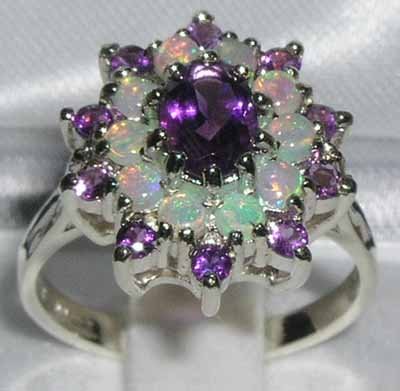 LetsBuyGold 925 Sterling Silver Real Genuine Amethyst and Opal Womens Band Ring - Size 7