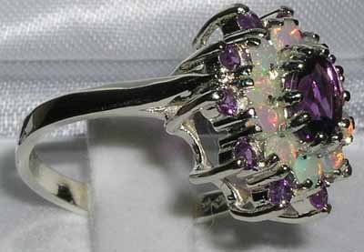 LetsBuyGold 925 Sterling Silver Real Genuine Amethyst and Opal Womens Band Ring - Size 7