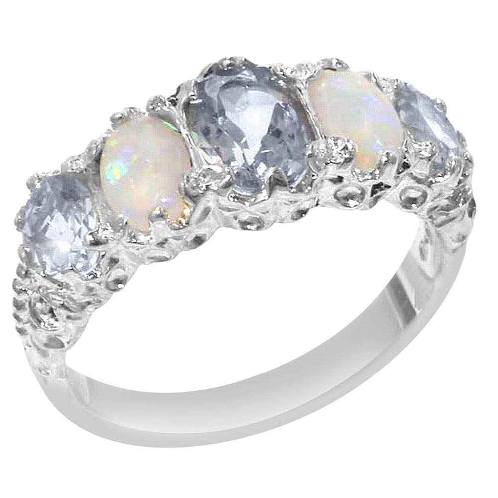 LetsBuyGold 925 Sterling Silver Real Genuine Aquamarine and Opal Womens Promise Ring - Size 9