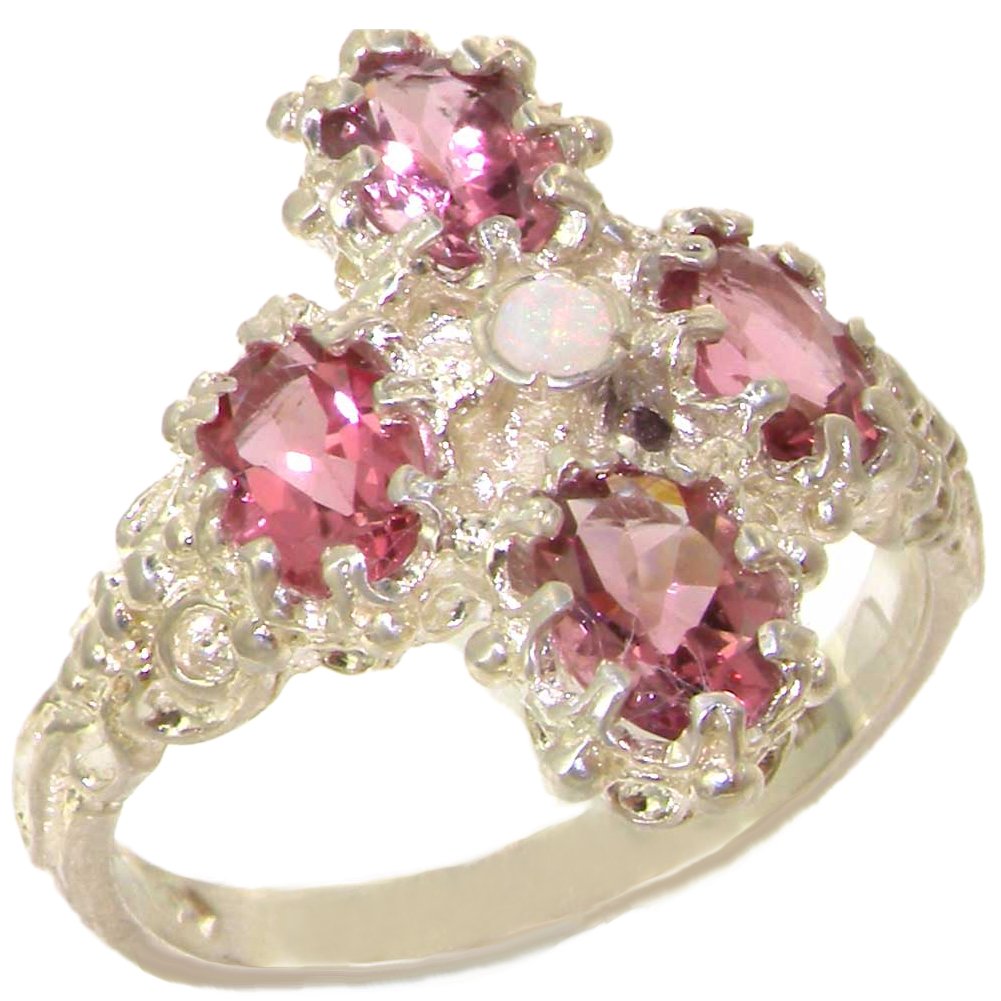 LetsBuyGold 925 Sterling Silver Real Genuine Opal and Pink Tourmaline Womens Band Ring - Size 10