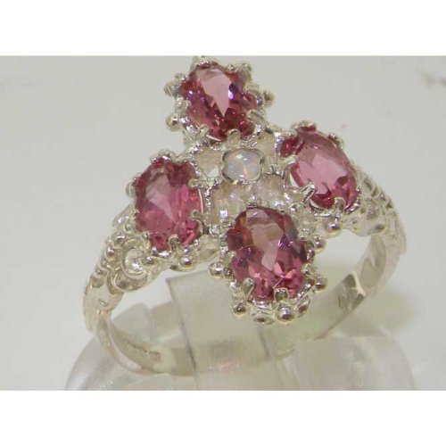 LetsBuyGold 925 Sterling Silver Real Genuine Opal and Pink Tourmaline Womens Band Ring - Size 10