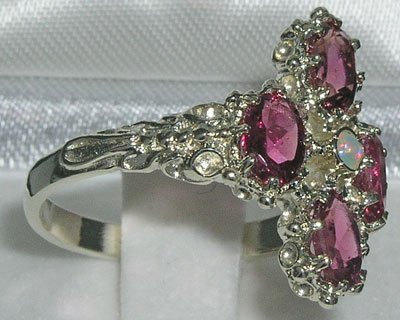 LetsBuyGold 925 Sterling Silver Real Genuine Opal and Pink Tourmaline Womens Band Ring - Size 10