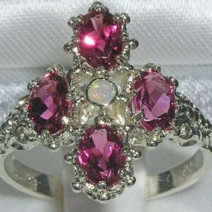 LetsBuyGold 925 Sterling Silver Real Genuine Opal and Pink Tourmaline Womens Band Ring - Size 10