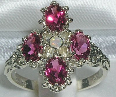 LetsBuyGold 925 Sterling Silver Real Genuine Opal and Pink Tourmaline Womens Band Ring - Size 10