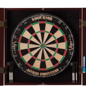 Viper by GLD Products Hudson All-in-One Dart Center: Classic Solid Wood Cabinet & Official Sisal/Bristle Dartboard Bundle: Standard Set (Shot King Dartboard), Mahogany Finish, One Size