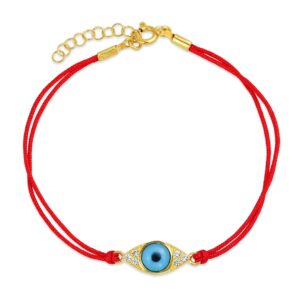 Minimalist Delicate Turkish Blue Evil Eye Red String Bracelet For Women Teens CZ Accent 14K Gold Plated .925 Sterling Silver