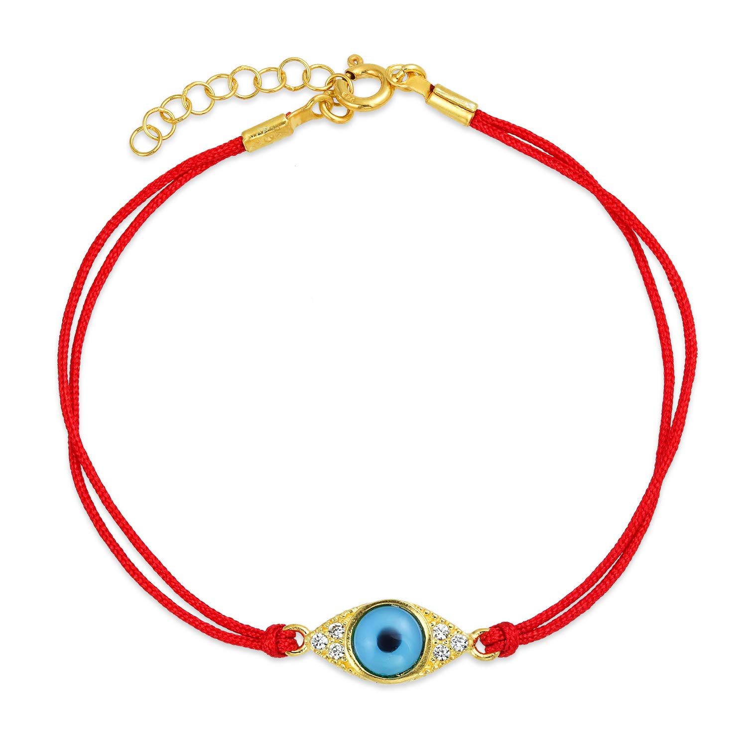 Minimalist Delicate Turkish Blue Evil Eye Red String Bracelet For Women Teens CZ Accent 14K Gold Plated .925 Sterling Silver