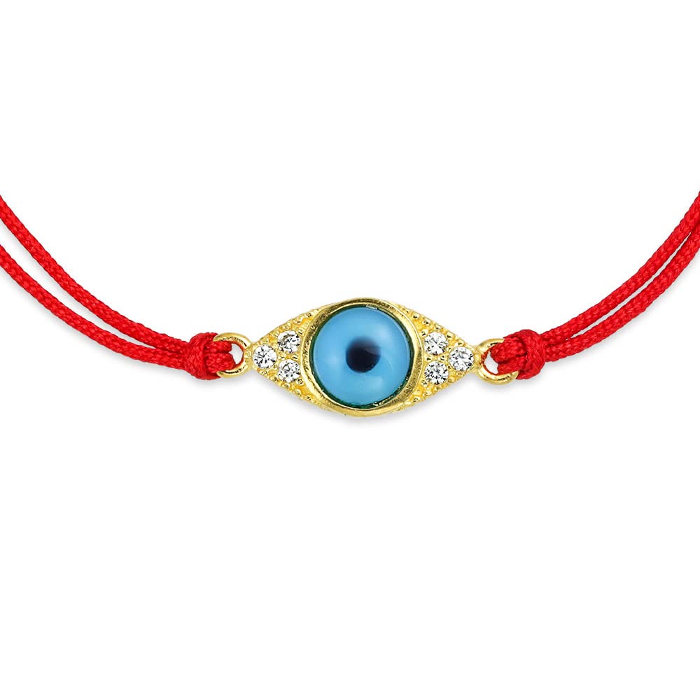 Minimalist Delicate Turkish Blue Evil Eye Red String Bracelet For Women Teens CZ Accent 14K Gold Plated .925 Sterling Silver