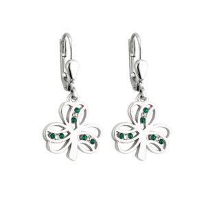 solvar shamrock earrings rhodium plated &green crystal drops irish made by