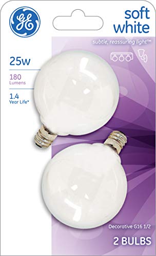 GE White 44412 25-watt 180-Lumen Candelabra Base G16.5 Globe Light Bulb, Soft, 2 Count (Pack of 1)