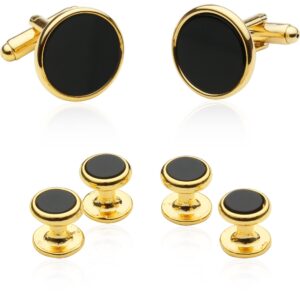 cuff-daddy mens black onyx gold tuxedo cufflinks and studs with travel presentation gift box - black gold formal set tux buttons for wedding party