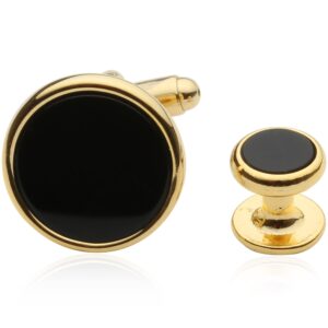 Cuff-Daddy Mens Black Onyx Gold Tuxedo Cufflinks and Studs with Travel Presentation Gift Box - Black Gold Formal Set Tux Buttons for Wedding Party