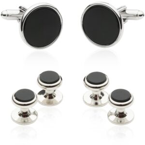 Cuff-Daddy Mens Genuine Black Onyx Silver Tuxedo Cufflinks and Studs with Travel Presentation Gift Box