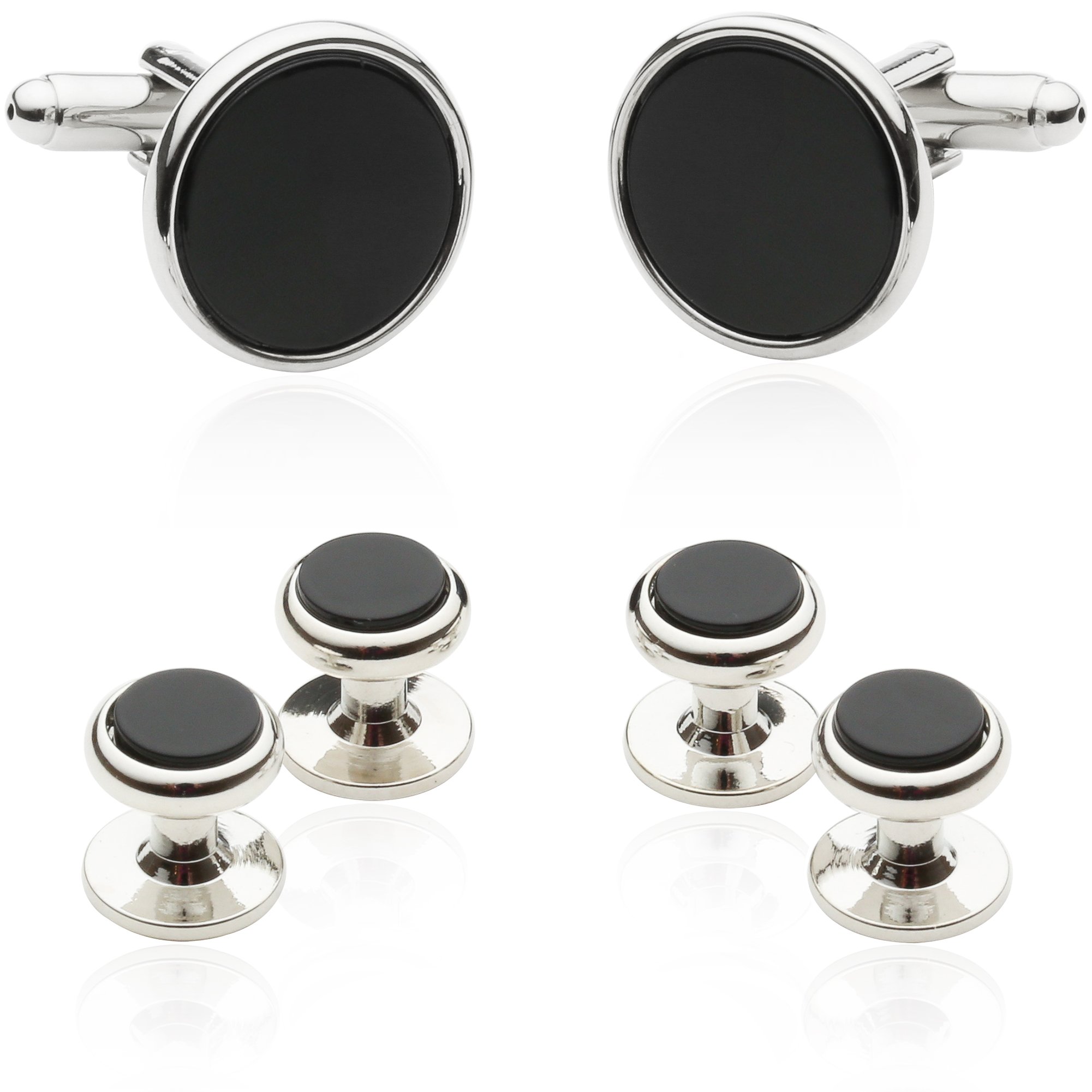 Cuff-Daddy Mens Genuine Black Onyx Silver Tuxedo Cufflinks and Studs with Travel Presentation Gift Box