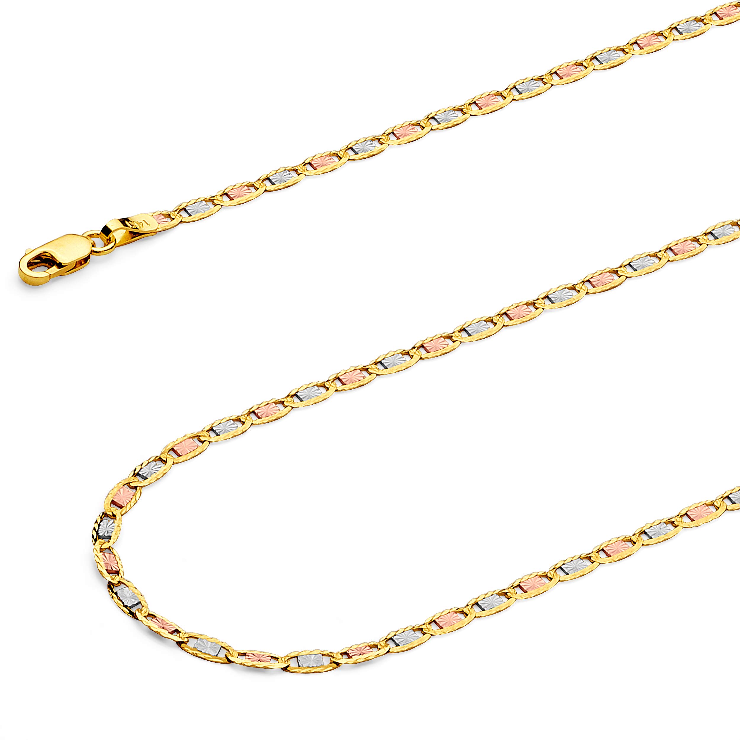 14k REAL Tri Color Gold Solid 2.5mm Star/Edge Diamond Cut Chain Necklace with Lobster Claw Clasp - 18"