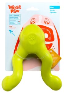 west paw zogoflex tizzi treat dispensing dog toy – interactive play toy for dogs, puppies – floatable, high-flying toys for fetch, catch, tug of war, recyclable, dishwasher safe, large, granny smith