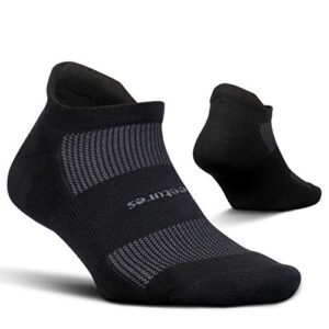 feetures high performance cushion ankle sock - no show socks for women & men with heel tab - black, l (1 pair)