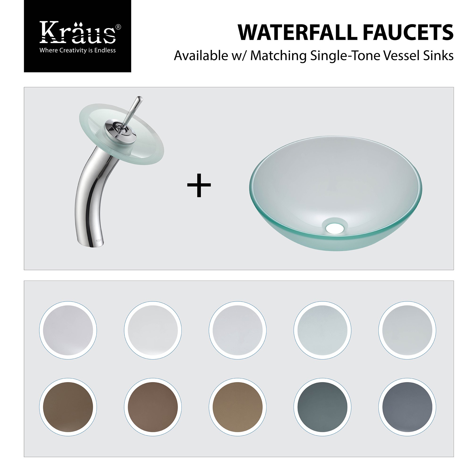 Kraus KGW-1700-PU-10ORB-BLCL Single Lever Vessel Glass Waterfall Bathroom Faucet Oil Rubbed Bronze with Black Clear Glass Disk and Pop Up Drain