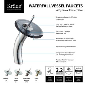 Kraus KGW-1700-PU-10ORB-BLCL Single Lever Vessel Glass Waterfall Bathroom Faucet Oil Rubbed Bronze with Black Clear Glass Disk and Pop Up Drain