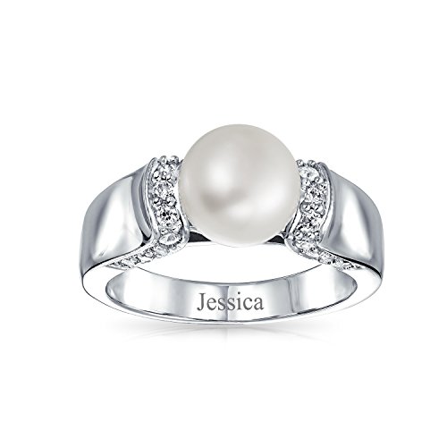 Bling Jewelry Art Deco Style Pave CZ Solitaire White Freshwater Cultured Pearl Engagement Ring For Women Silver Plated Brass