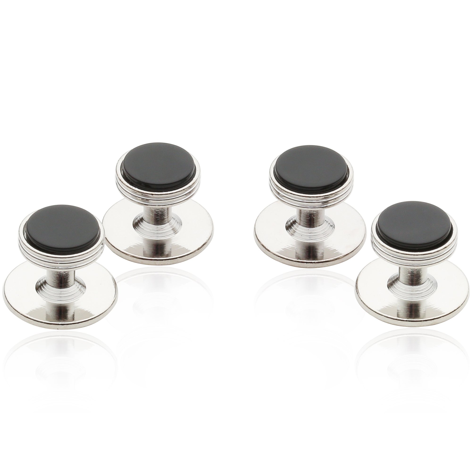 Mens Black Onyx Tuxedo Shirt Studs Set of 4 Silver Wedding Groomsmen in Velour Pouch