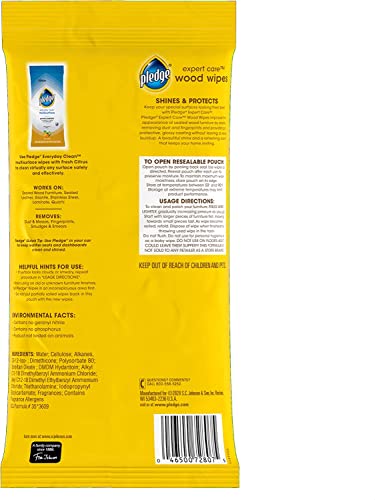 Pledge Expert Care Wood Wipes, Shines and Protects, Removes Fingerprints, Lemon Scent, 24 Count (Pack of 1)