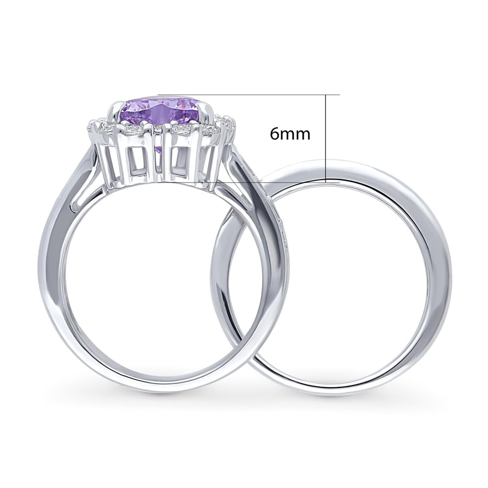 BERRICLE Sterling Silver Halo Wedding Engagement Rings Purple Cubic Zirconia CZ Statement Heart Ring Set for Women, Rhodium Plated Size 8